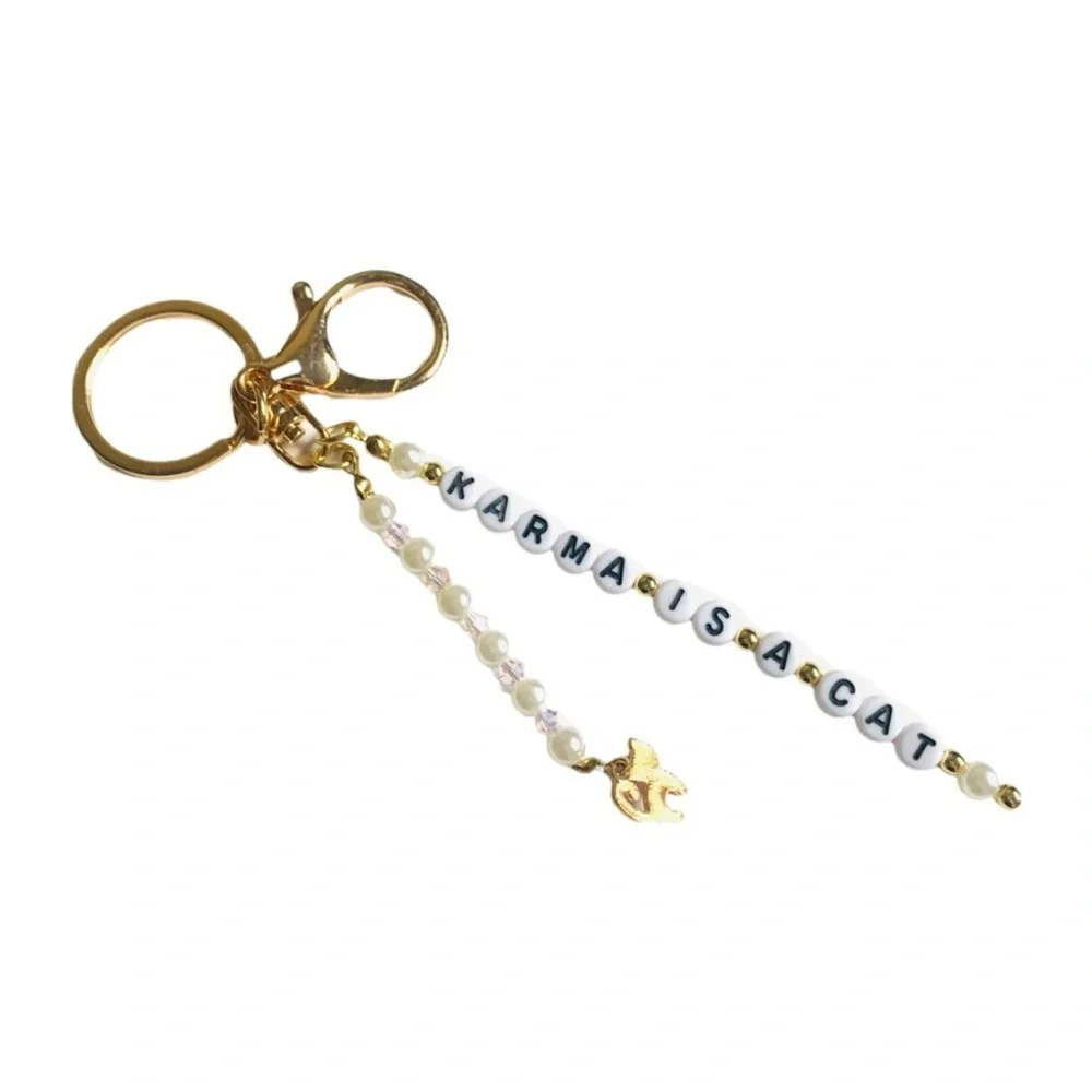 Karma Is A Cat Keychain Pearls and Pink Crystals on A Gold Tone Keyring Pink Cat